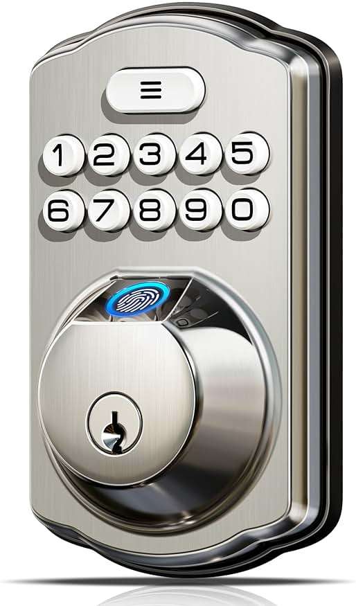 Veise KS02A Fingerprint Keyless Entry Door Lock, Auto Lock, Electronic Keypad Deadbolt for Front Door, Biometric, Anti-Peeping Password, Easy Install, Satin Nickel - Image 1