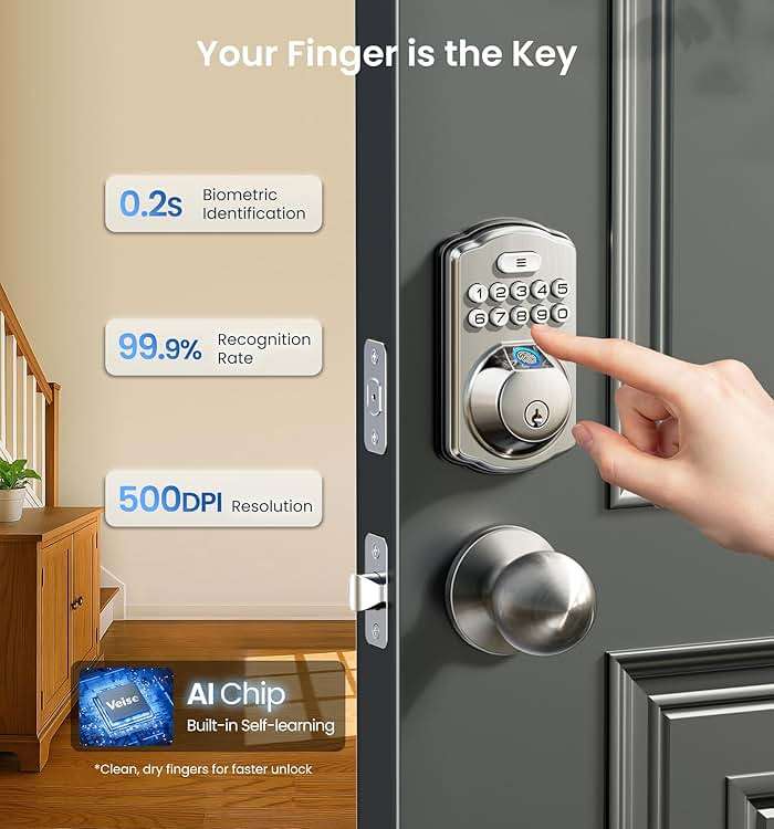 Veise KS02A Fingerprint Keyless Entry Door Lock, Auto Lock, Electronic Keypad Deadbolt for Front Door, Biometric, Anti-Peeping Password, Easy Install, Satin Nickel - Image 2