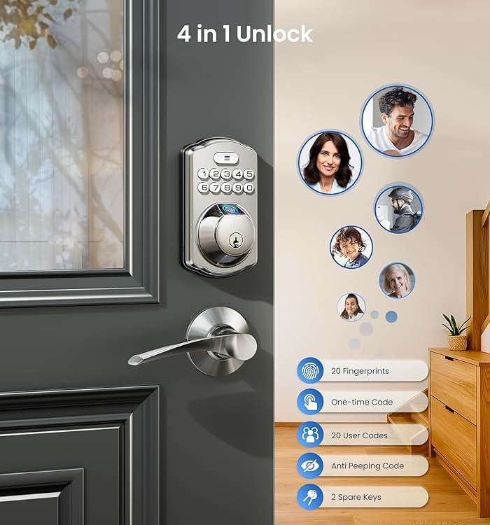 Veise KS02A Fingerprint Keyless Entry Door Lock, Auto Lock, Electronic Keypad Deadbolt for Front Door, Biometric, Anti-Peeping Password, Easy Install, Satin Nickel - Image 3