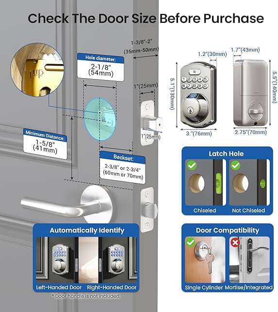 Veise KS02A Fingerprint Keyless Entry Door Lock, Auto Lock, Electronic Keypad Deadbolt for Front Door, Biometric, Anti-Peeping Password, Easy Install, Satin Nickel - Image 6