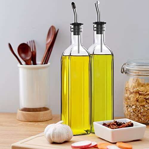 Leaflai Olive Oil Dispenser Bottle, 2 Pcs Glass Olive Oil Dispenser and Vinegar Dispenser Set with 2 Stainless Steel Pourers, 4 Labels,1 Brush and 1 Funnel Oil Bottles for Kitchen (500ml) - Image 2
