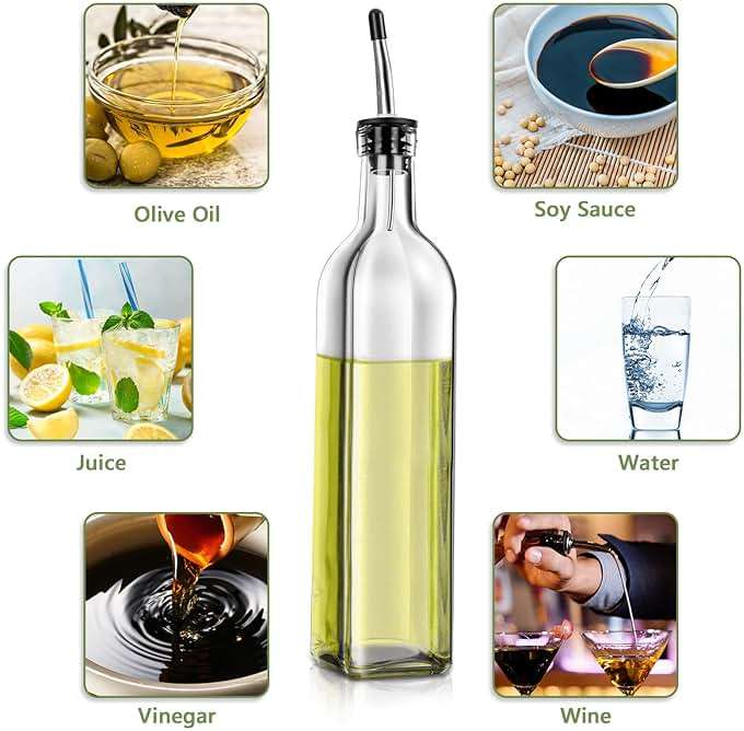 Leaflai Olive Oil Dispenser Bottle, 2 Pcs Glass Olive Oil Dispenser and Vinegar Dispenser Set with 2 Stainless Steel Pourers, 4 Labels,1 Brush and 1 Funnel Oil Bottles for Kitchen (500ml) - Image 8