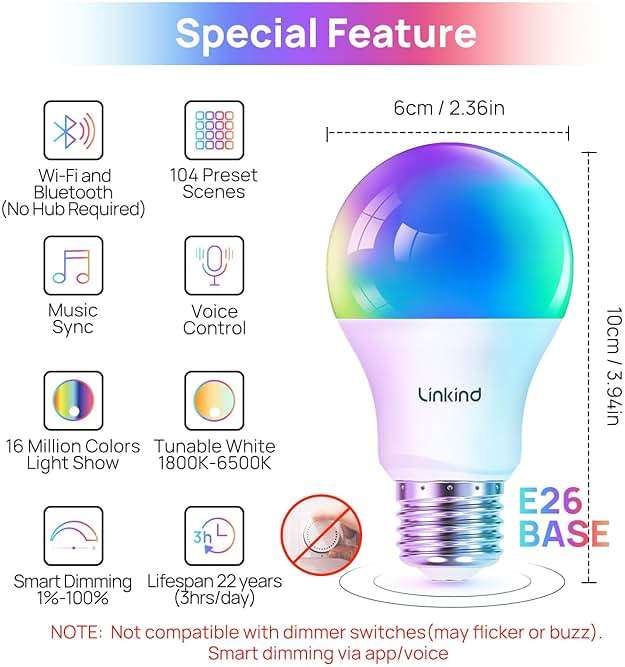 Linkind Smart Light Bulbs, Smart Bulb that Work with Alexa, Google Home, AiDot, LED Light Bulbs Color Changing RGBTW, 104 Preset Scene, Music Sync, Dotis, A19 E26 2.4G WiFi Bluetooth 60W 800LM, 4Pack - Image 2