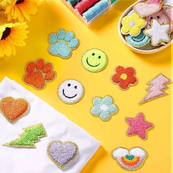 Yilloog 156 Pcs Glitter Self Adhesive Letters Chenille Clothing Patches Embroidered Repair Fuzzy Patches Alphabet Gold Trimmed Preppy Clothing Badges Sewing Appliques (Rainbow, Cute) - Image 2