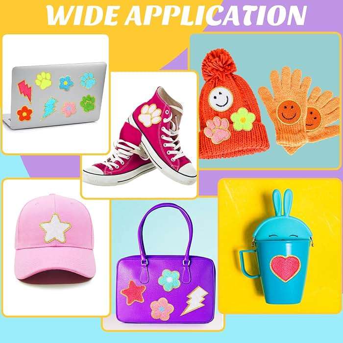 Yilloog 156 Pcs Glitter Self Adhesive Letters Chenille Clothing Patches Embroidered Repair Fuzzy Patches Alphabet Gold Trimmed Preppy Clothing Badges Sewing Appliques (Rainbow, Cute) - Image 4