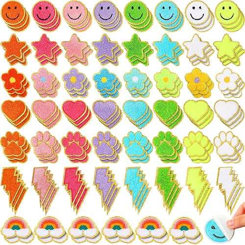 Yilloog 156 Pcs Glitter Self Adhesive Letters Chenille Clothing Patches Embroidered Repair Fuzzy Patches Alphabet Gold Trimmed Preppy Clothing Badges Sewing Appliques (Rainbow, Cute) - Image 8