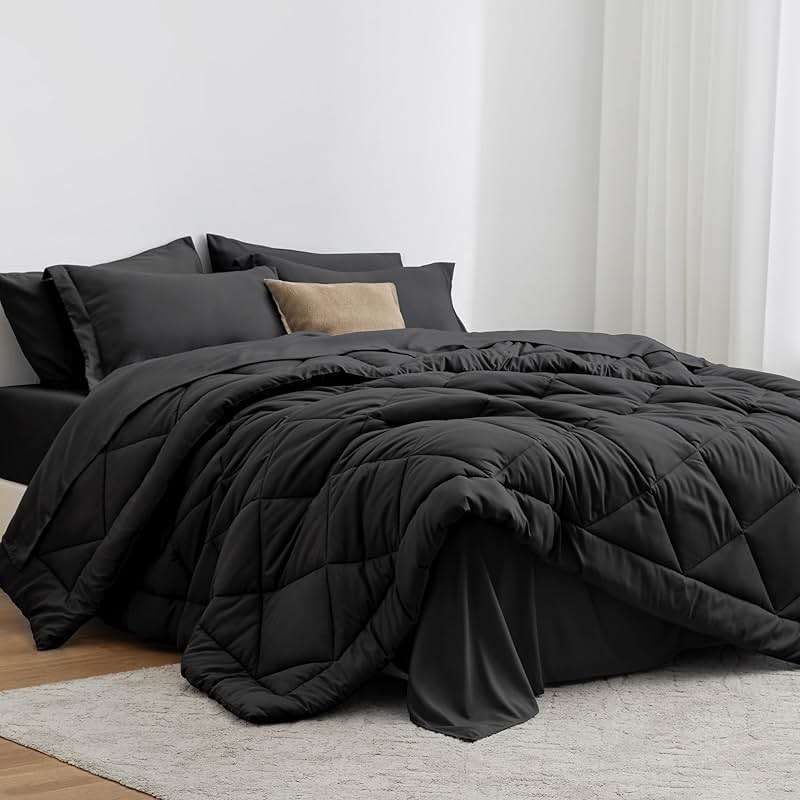 Love's cabin Queen Comforter Set Black, 7 Pieces Queen Bed in a Bag, All Season Bedding Sets with 1 Comforter, 1 Flat Sheet, 1 Fitted Sheet, 2 Pillowcase and 2 Pillow Sham | Soft - Image 1