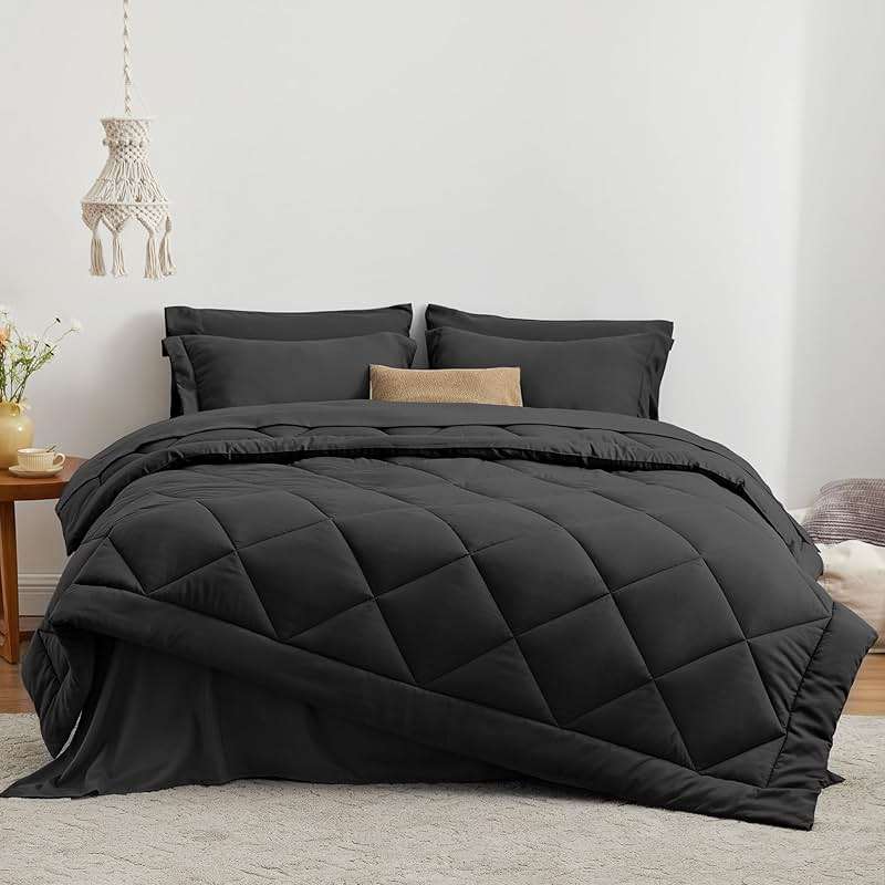 Love's cabin Queen Comforter Set Black, 7 Pieces Queen Bed in a Bag, All Season Bedding Sets with 1 Comforter, 1 Flat Sheet, 1 Fitted Sheet, 2 Pillowcase and 2 Pillow Sham | Soft - Image 2