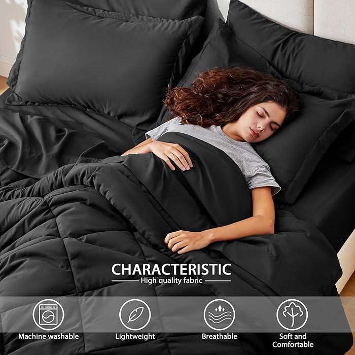 Love's cabin Queen Comforter Set Black, 7 Pieces Queen Bed in a Bag, All Season Bedding Sets with 1 Comforter, 1 Flat Sheet, 1 Fitted Sheet, 2 Pillowcase and 2 Pillow Sham | Soft - Image 3