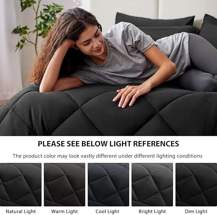 Love's cabin Queen Comforter Set Black, 7 Pieces Queen Bed in a Bag, All Season Bedding Sets with 1 Comforter, 1 Flat Sheet, 1 Fitted Sheet, 2 Pillowcase and 2 Pillow Sham | Soft - Image 5
