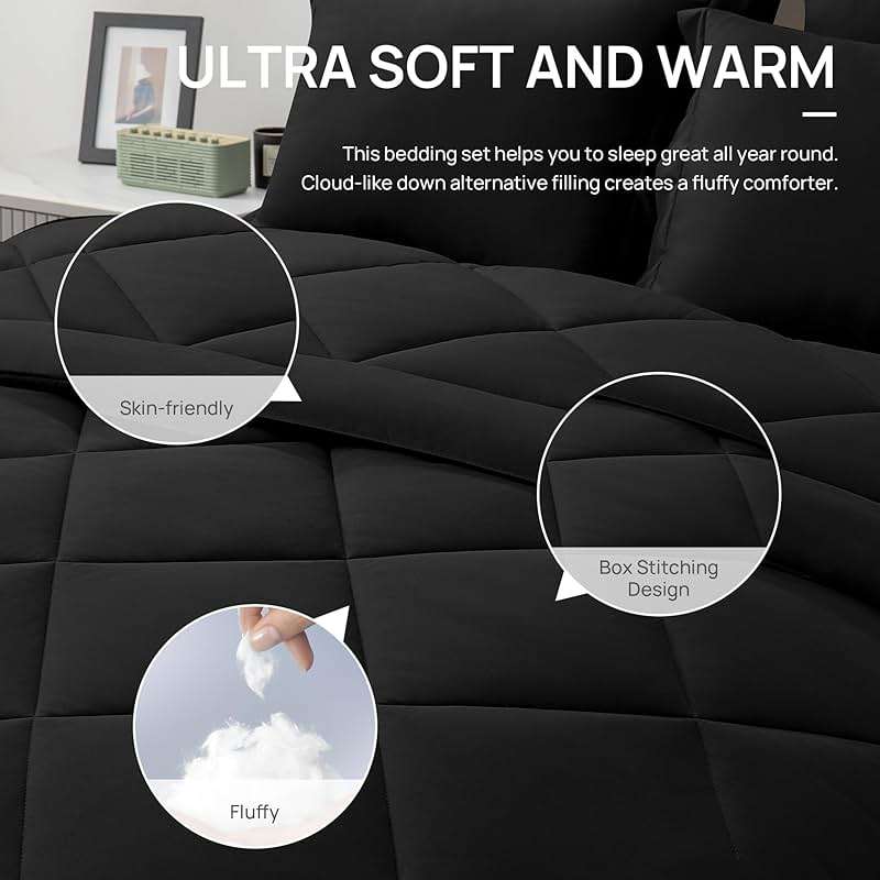 Love's cabin Queen Comforter Set Black, 7 Pieces Queen Bed in a Bag, All Season Bedding Sets with 1 Comforter, 1 Flat Sheet, 1 Fitted Sheet, 2 Pillowcase and 2 Pillow Sham | Soft - Image 7