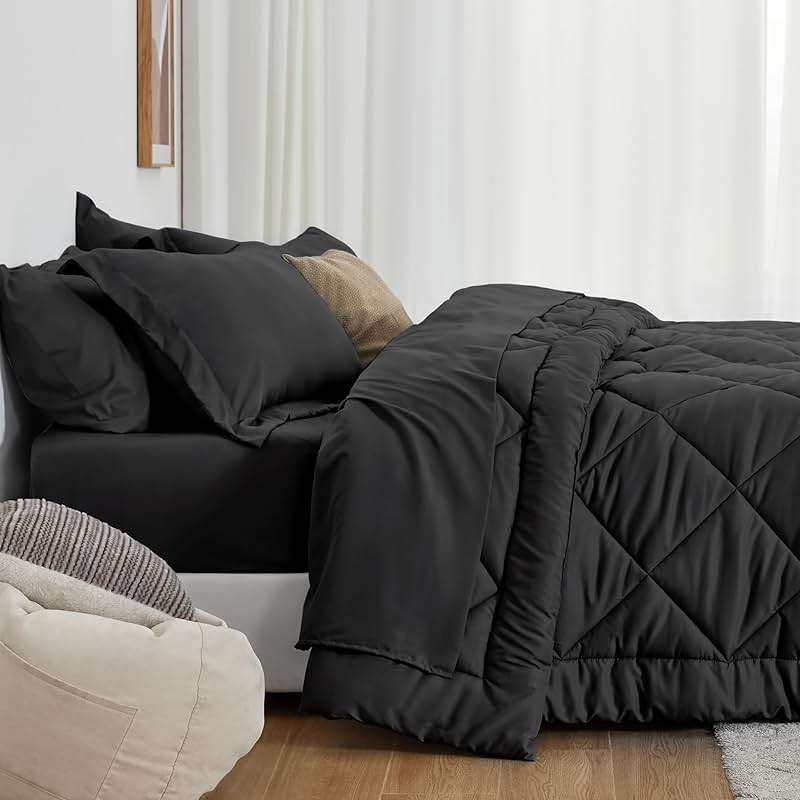 Love's cabin Queen Comforter Set Black, 7 Pieces Queen Bed in a Bag, All Season Bedding Sets with 1 Comforter, 1 Flat Sheet, 1 Fitted Sheet, 2 Pillowcase and 2 Pillow Sham | Soft - Image 8