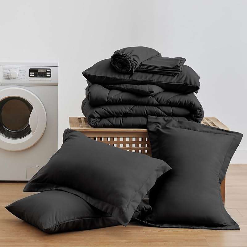 Love's cabin Queen Comforter Set Black, 7 Pieces Queen Bed in a Bag, All Season Bedding Sets with 1 Comforter, 1 Flat Sheet, 1 Fitted Sheet, 2 Pillowcase and 2 Pillow Sham | Soft - Image 9