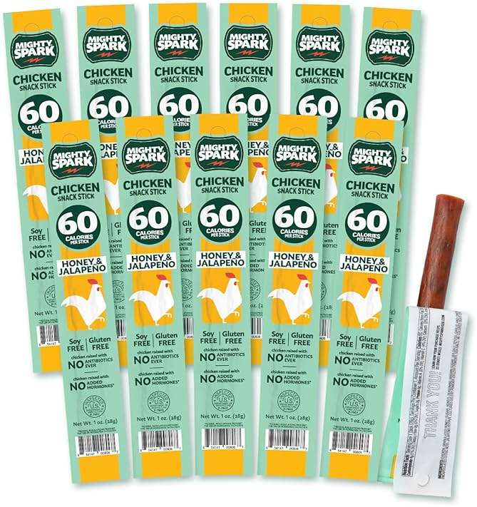 Mighty Spark Chicken Snack Sticks - Honey and Jalapeno - 6g of Protein, No Antibiotics Ever, No Hormones Added, Gluten Free, Soy Free Meat Sticks - High Protein Keto Snacks, Weight Watchers Approved Snacks - 12 Count - Image 1
