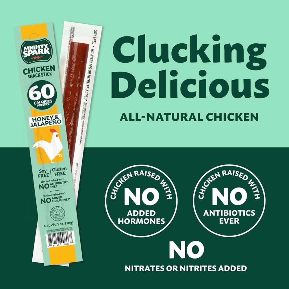 Mighty Spark Chicken Snack Sticks - Honey and Jalapeno - 6g of Protein, No Antibiotics Ever, No Hormones Added, Gluten Free, Soy Free Meat Sticks - High Protein Keto Snacks, Weight Watchers Approved Snacks - 12 Count - Image 3