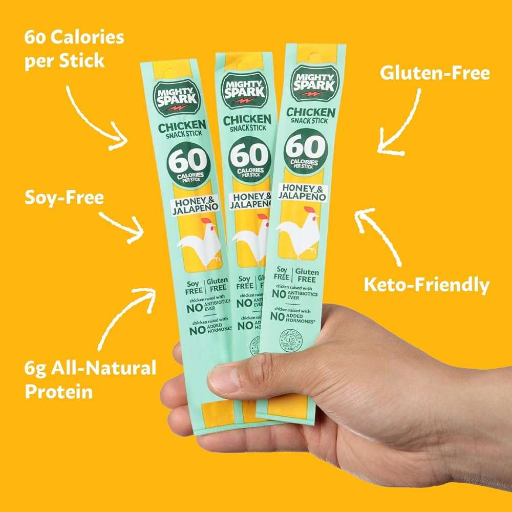 Mighty Spark Chicken Snack Sticks - Honey and Jalapeno - 6g of Protein, No Antibiotics Ever, No Hormones Added, Gluten Free, Soy Free Meat Sticks - High Protein Keto Snacks, Weight Watchers Approved Snacks - 12 Count - Image 4