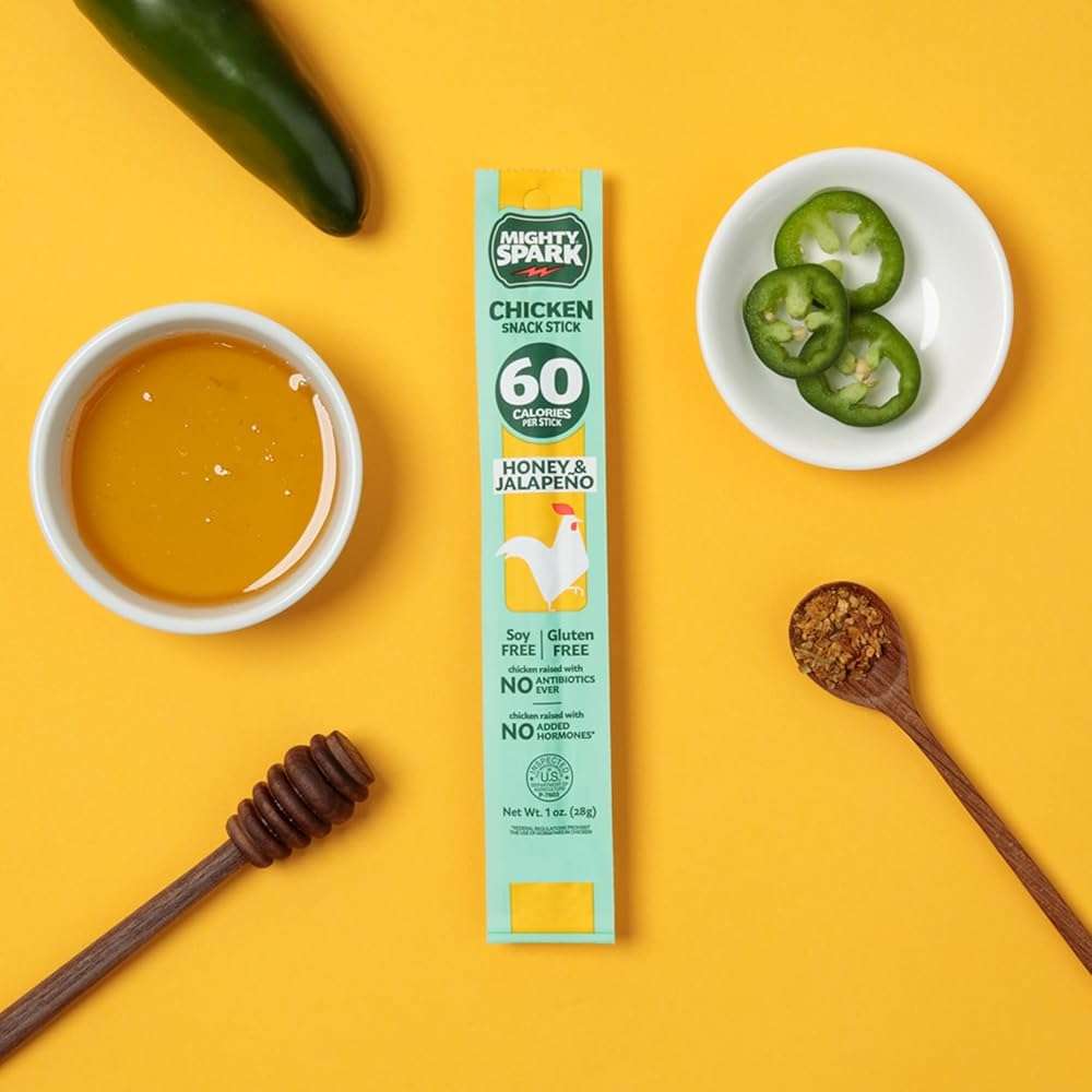 Mighty Spark Chicken Snack Sticks - Honey and Jalapeno - 6g of Protein, No Antibiotics Ever, No Hormones Added, Gluten Free, Soy Free Meat Sticks - High Protein Keto Snacks, Weight Watchers Approved Snacks - 12 Count - Image 6
