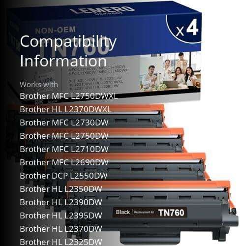 LEMERO UEXPECT TN760 TN 760 Toner Compatible Replacement for Brother TN 760 TN-730/TN-760 TN730 High Yield for MFC-L2710DW MFC-L2717DW HL-L2350DW HL-L2395DW DCP-L2550DW Printer, 4 Pack - Image 3