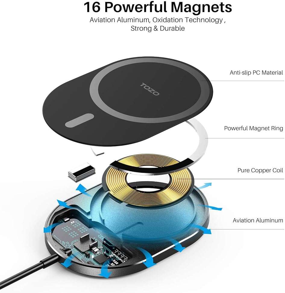TOZO New Anti-Slip Aircraft-Grade Aluminum Wireless Charger 15W Max Fast Wireless Charging Pad Compatible with iPhone 17/17 Pro/17 Pro Max/Air/16/15/14/SE Series, Samsung Galaxy S25/S24/S23 - Image 5
