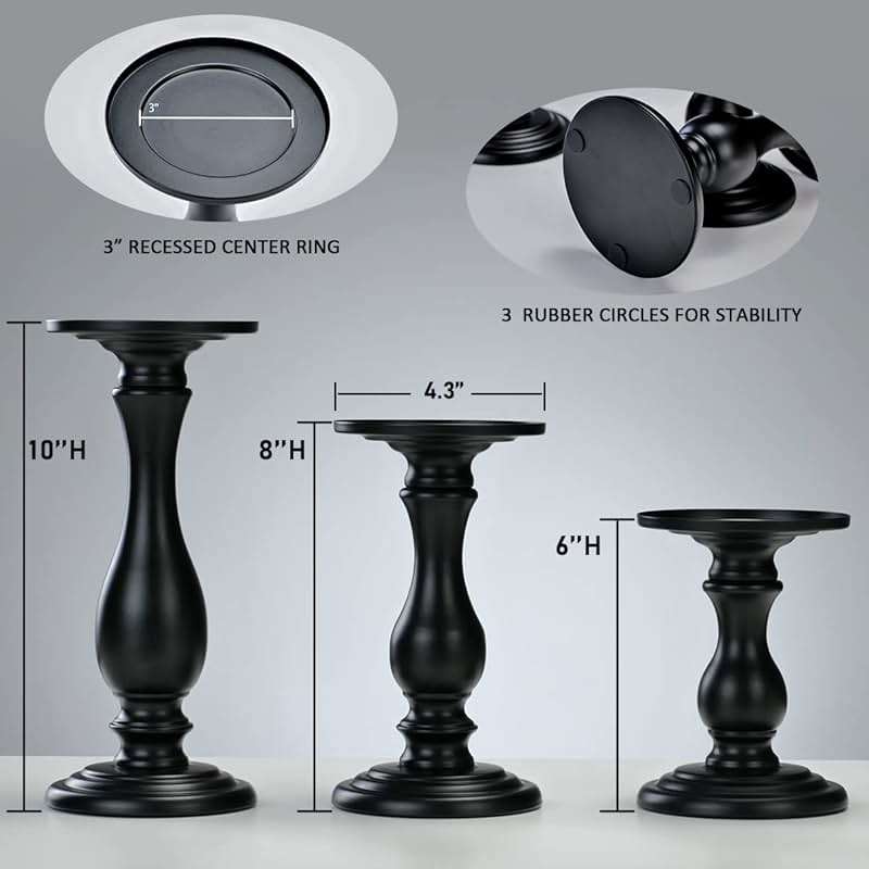 Matte Black Pillar Candle Holders Set of 3-10", 8", 6”H Candlestick Candle Holders Stand, Home Coffee Table Decor Decorations Centerpiece for Dining/Living Room - Image 2