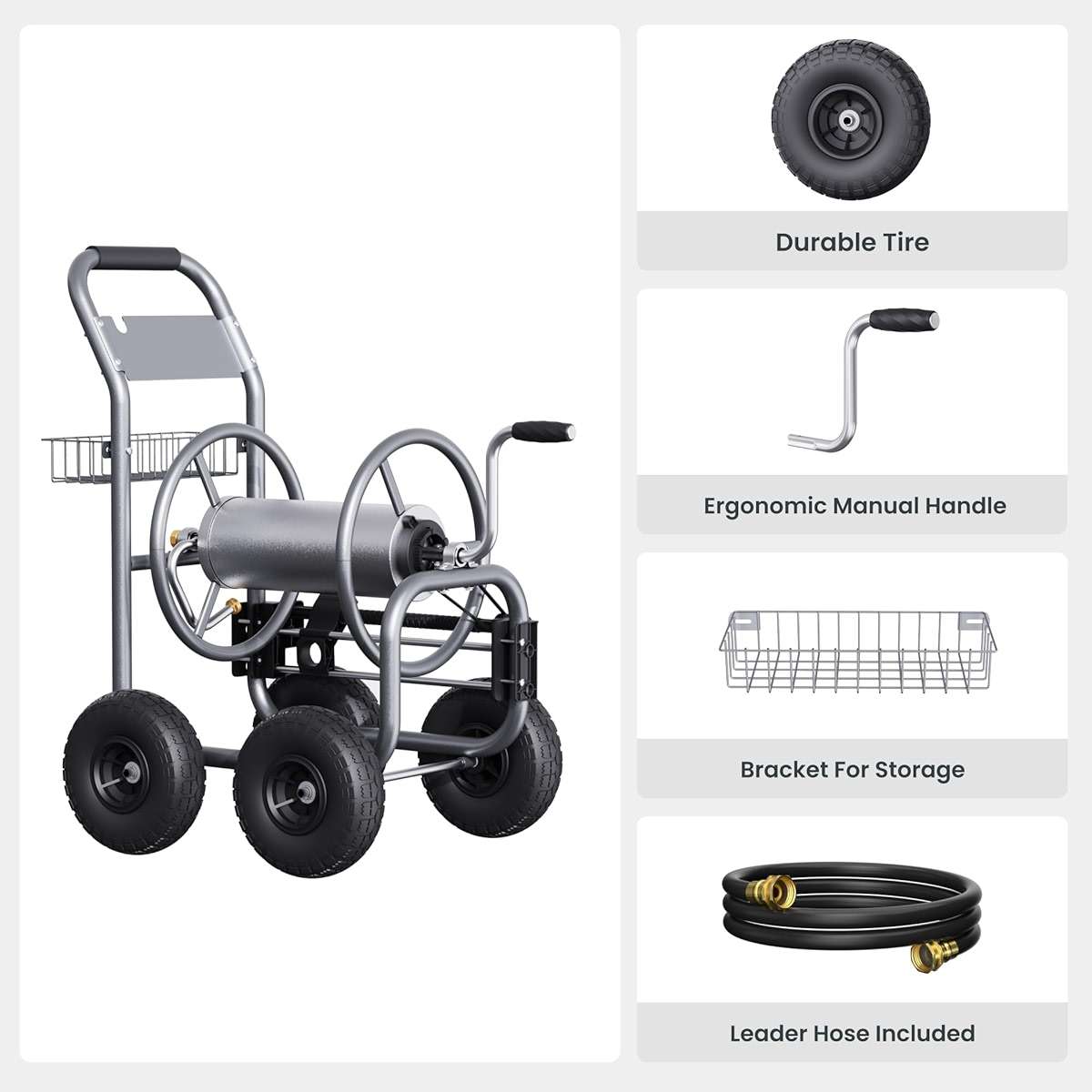 Giraffe Tools Garden Hose Reel Cart, Cart with Wheels Heavy Duty, Industrial Hose Reels for Outside, 250-Feet of 5/8" Hose Capacity, Hose Guide Pre-Installed - Image 3