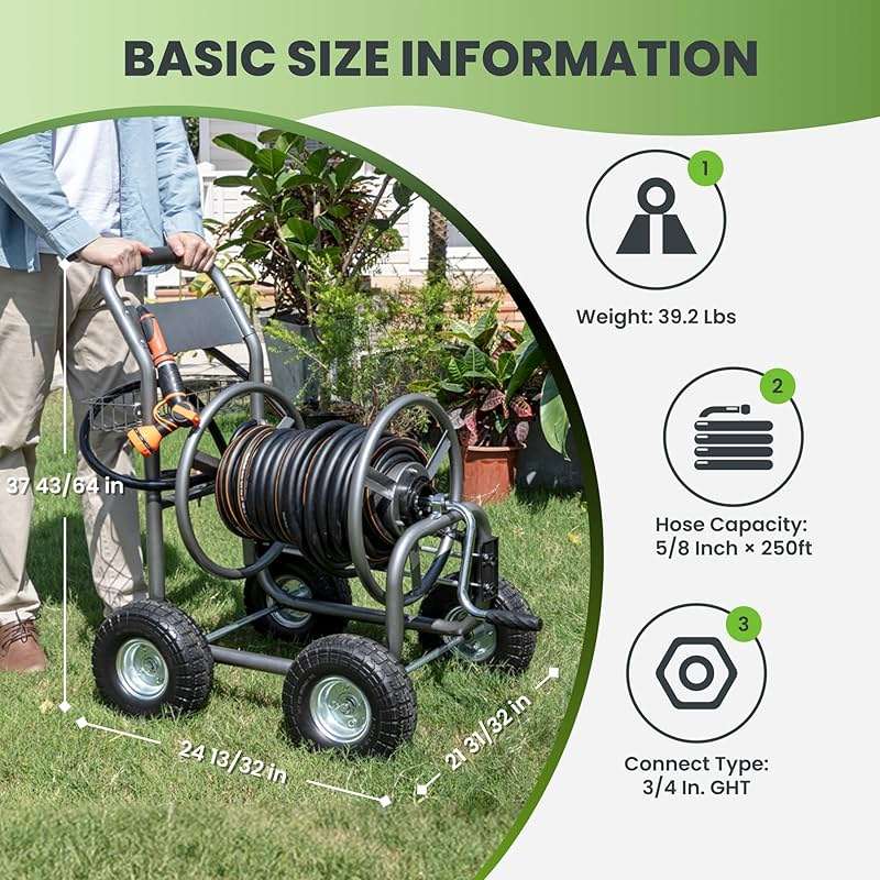 Giraffe Tools Garden Hose Reel Cart, Cart with Wheels Heavy Duty, Industrial Hose Reels for Outside, 250-Feet of 5/8" Hose Capacity, Hose Guide Pre-Installed - Image 4