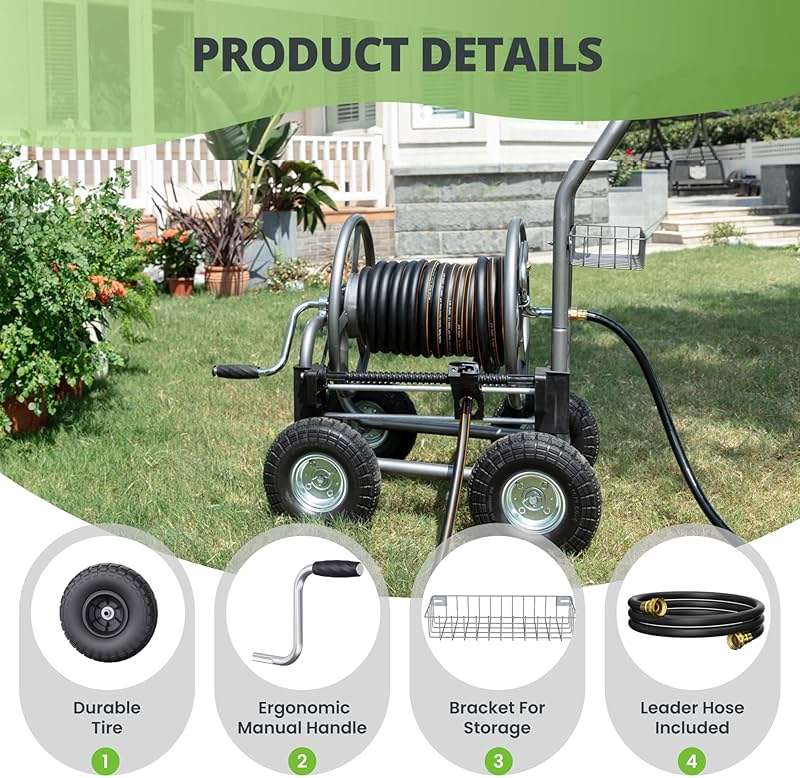 Giraffe Tools Garden Hose Reel Cart, Cart with Wheels Heavy Duty, Industrial Hose Reels for Outside, 250-Feet of 5/8" Hose Capacity, Hose Guide Pre-Installed - Image 5