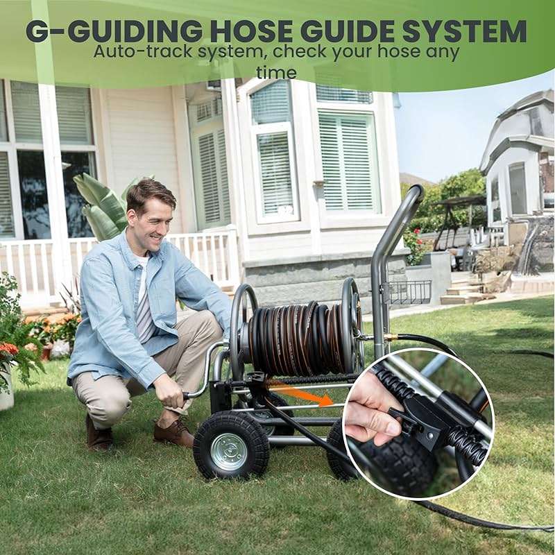 Giraffe Tools Garden Hose Reel Cart, Cart with Wheels Heavy Duty, Industrial Hose Reels for Outside, 250-Feet of 5/8" Hose Capacity, Hose Guide Pre-Installed - Image 6