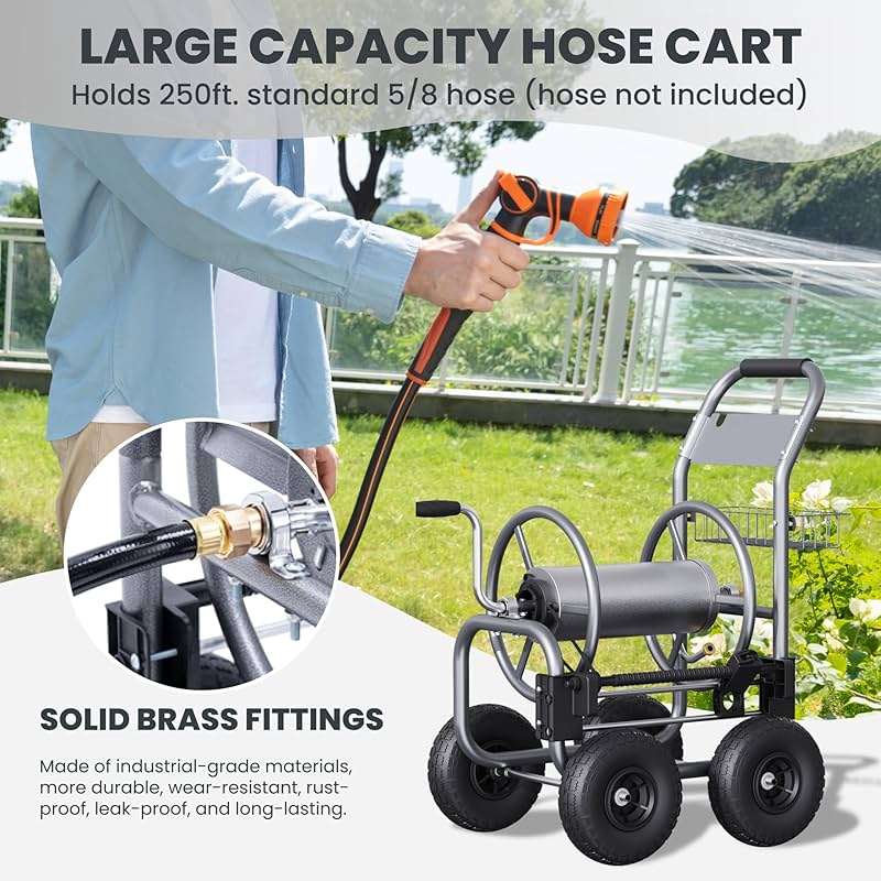Giraffe Tools Garden Hose Reel Cart, Cart with Wheels Heavy Duty, Industrial Hose Reels for Outside, 250-Feet of 5/8" Hose Capacity, Hose Guide Pre-Installed - Image 8