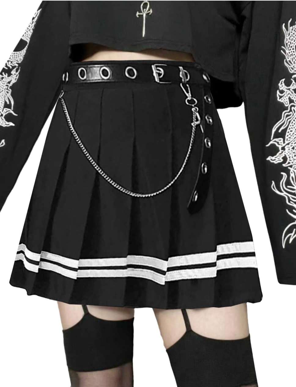 AULKEEP Womens Black Mini Pleated Skirts Goth High Waist A Line Punk Skirt School Uniform Short Skirts with Belt - Image 1