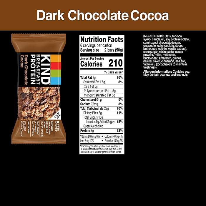 KIND Breakfast Protein Bars, Dark Chocolate Cocoa, Gluten Free, Low Sodium, Healthy Snacks, 8g Protein, 6 Count (6 Packs of 2 Bars) - Image 2