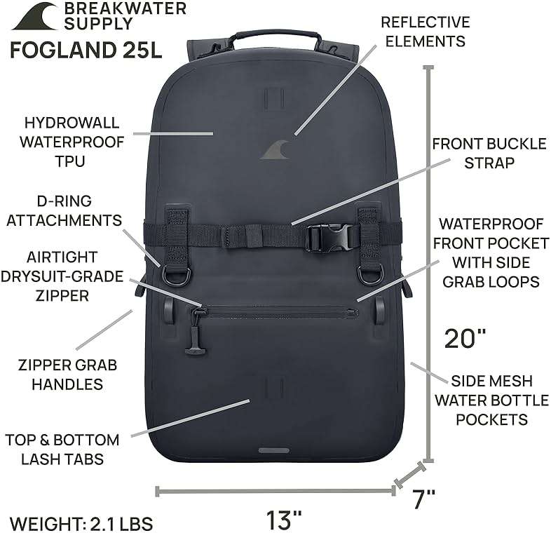 Breakwater Supply™ Fogland Waterproof IP68 Submersible Backpack | Laptop Sleeve & Airtight Zippers for Outdoors, Travel, Boating, Kayaking, Surfing, Floating Dry Bag, Unisex, TPU (Stealth Black, 25L) - Image 4