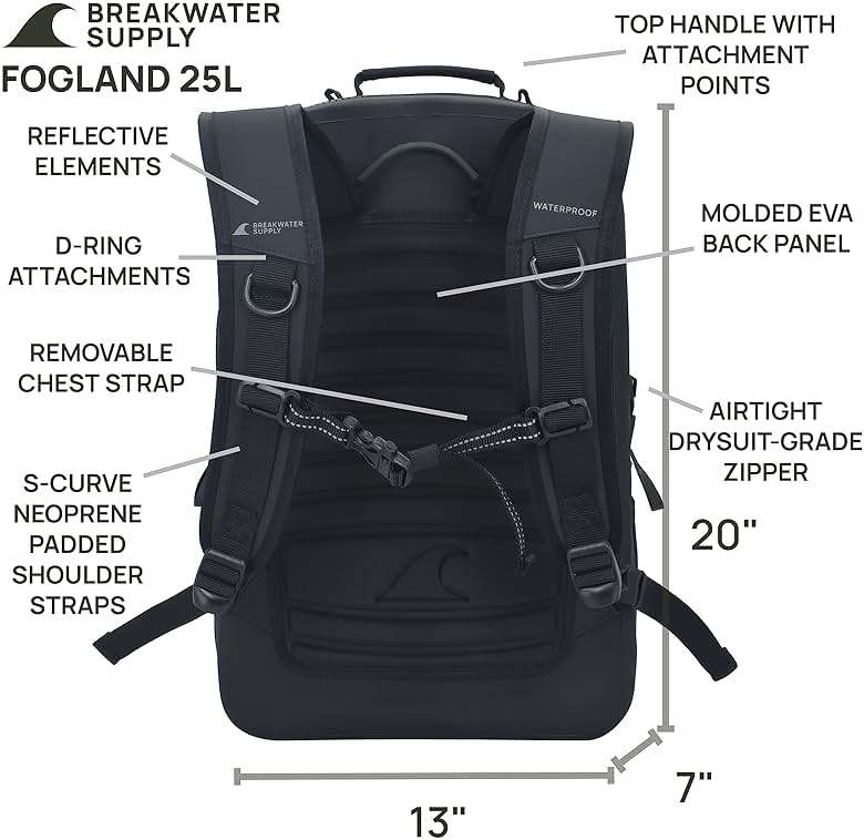 Breakwater Supply™ Fogland Waterproof IP68 Submersible Backpack | Laptop Sleeve & Airtight Zippers for Outdoors, Travel, Boating, Kayaking, Surfing, Floating Dry Bag, Unisex, TPU (Stealth Black, 25L) - Image 5