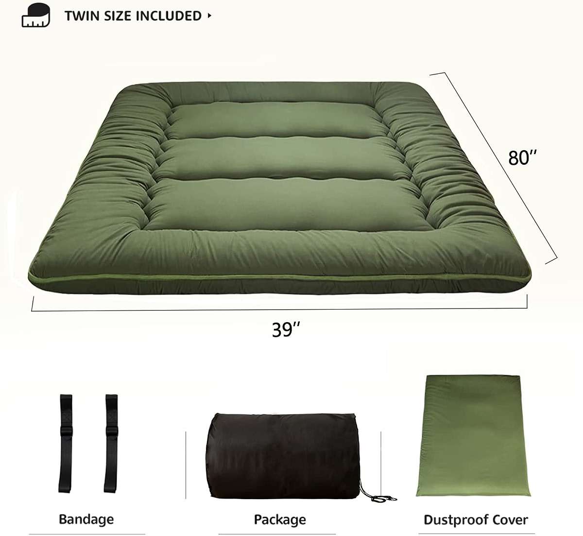 MAXYOYO Japanese Futon Mattress Twin Size Floor Mattress, Thicken Tatami Mat Sleeping Pad Roll Up Mattress Floor Folding Couch Mattress Pad for Guest Room, Green, Twin - Image 2