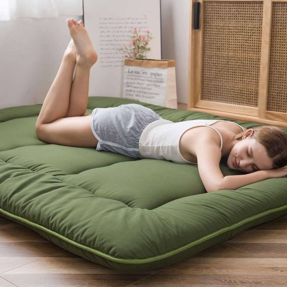 MAXYOYO Japanese Futon Mattress Twin Size Floor Mattress, Thicken Tatami Mat Sleeping Pad Roll Up Mattress Floor Folding Couch Mattress Pad for Guest Room, Green, Twin - Image 3