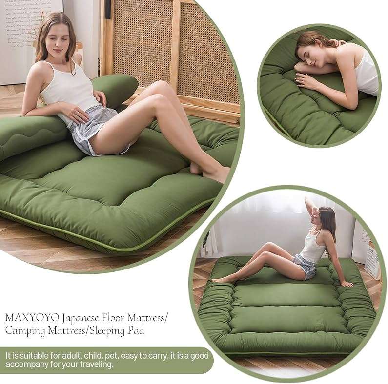 MAXYOYO Japanese Futon Mattress Twin Size Floor Mattress, Thicken Tatami Mat Sleeping Pad Roll Up Mattress Floor Folding Couch Mattress Pad for Guest Room, Green, Twin - Image 4