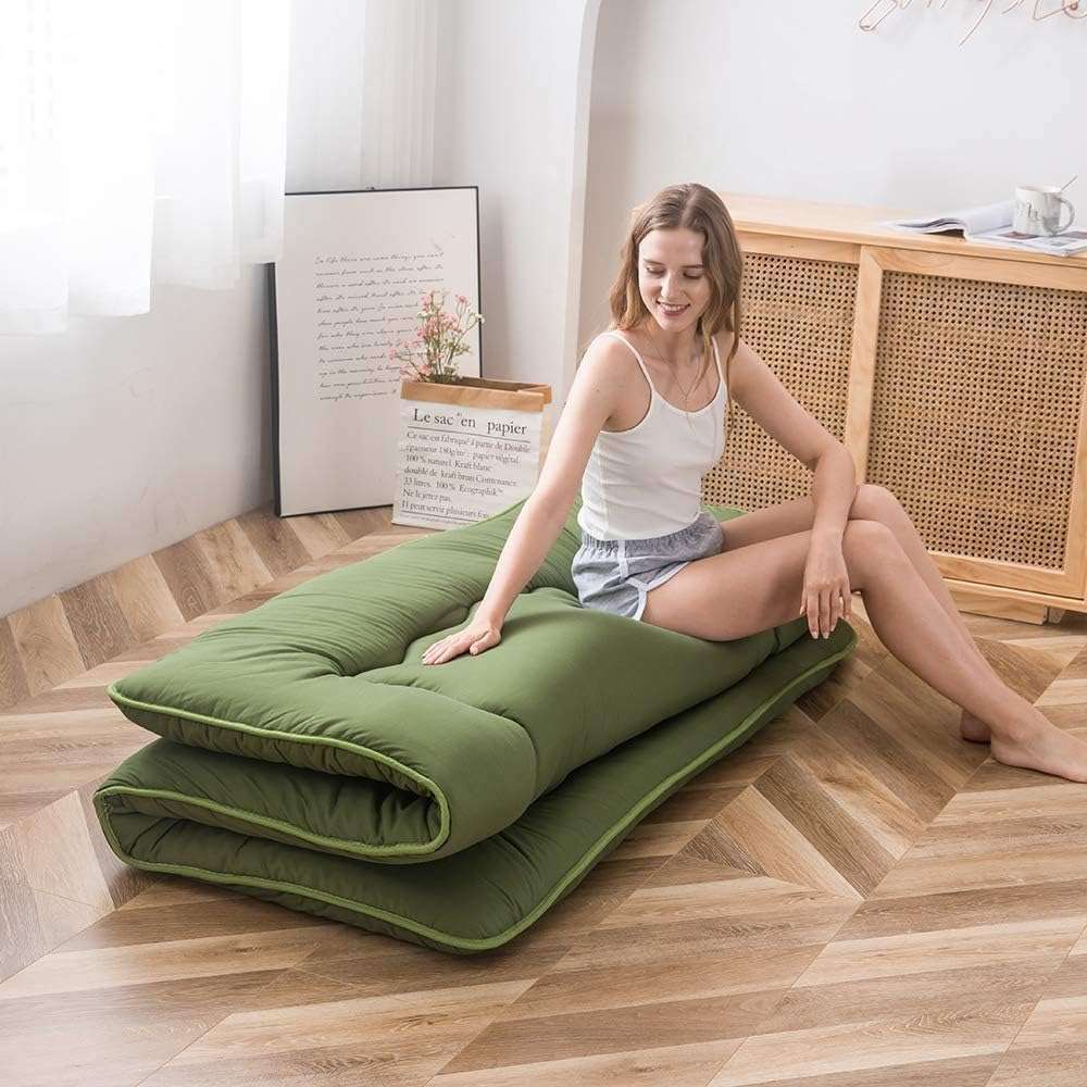 MAXYOYO Japanese Futon Mattress Twin Size Floor Mattress, Thicken Tatami Mat Sleeping Pad Roll Up Mattress Floor Folding Couch Mattress Pad for Guest Room, Green, Twin - Image 9