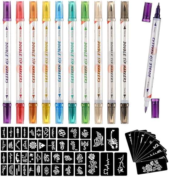 HAWINK Temporary Tattoo Markers for Skin, 10 Body Markers + 56 Large Tattoo Stencils, Dual-End Tattoo Pens Make Bold and Fine Lines ZYH2208001KIT - Image 1