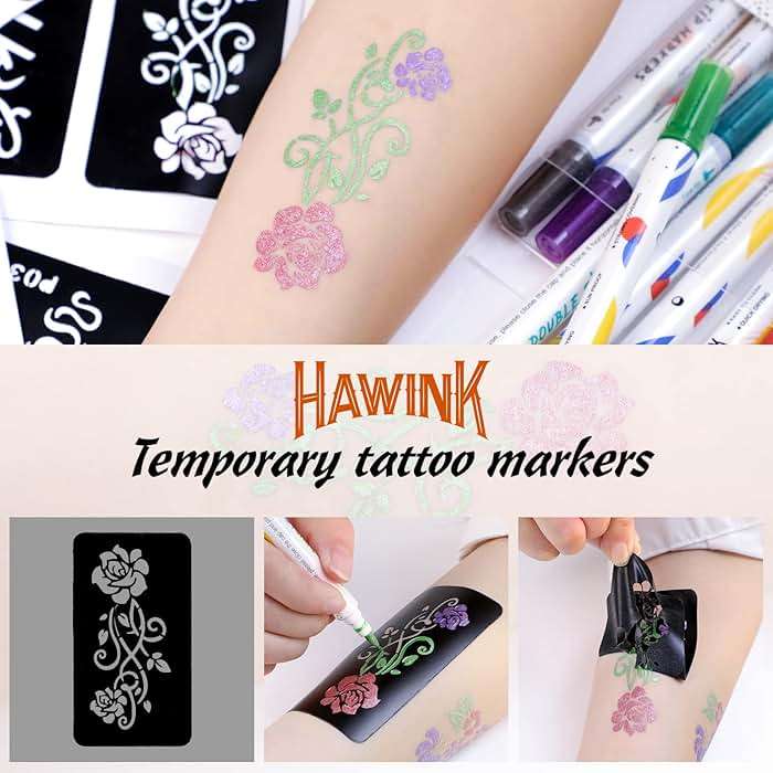HAWINK Temporary Tattoo Markers for Skin, 10 Body Markers + 56 Large Tattoo Stencils, Dual-End Tattoo Pens Make Bold and Fine Lines ZYH2208001KIT - Image 4