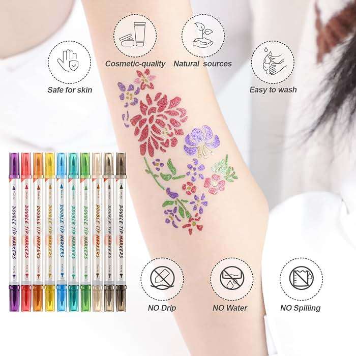 HAWINK Temporary Tattoo Markers for Skin, 10 Body Markers + 56 Large Tattoo Stencils, Dual-End Tattoo Pens Make Bold and Fine Lines ZYH2208001KIT - Image 7