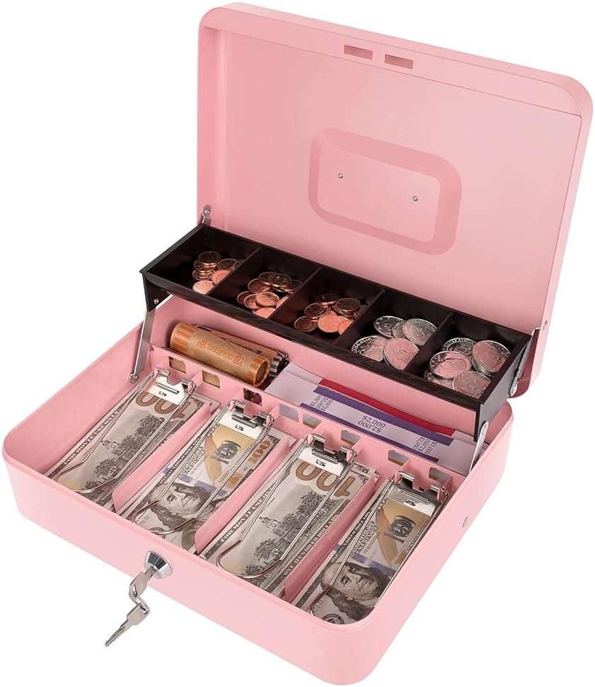 Cash Box with Money Tray and Key Lock, Money Box with Safe Locking, Money Lock Box for Cash Register 11.8"x9.45"x3.54" Pink XL Large - Image 1