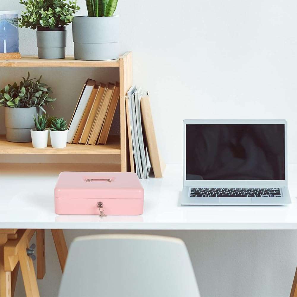 Cash Box with Money Tray and Key Lock, Money Box with Safe Locking, Money Lock Box for Cash Register 11.8"x9.45"x3.54" Pink XL Large - Image 2