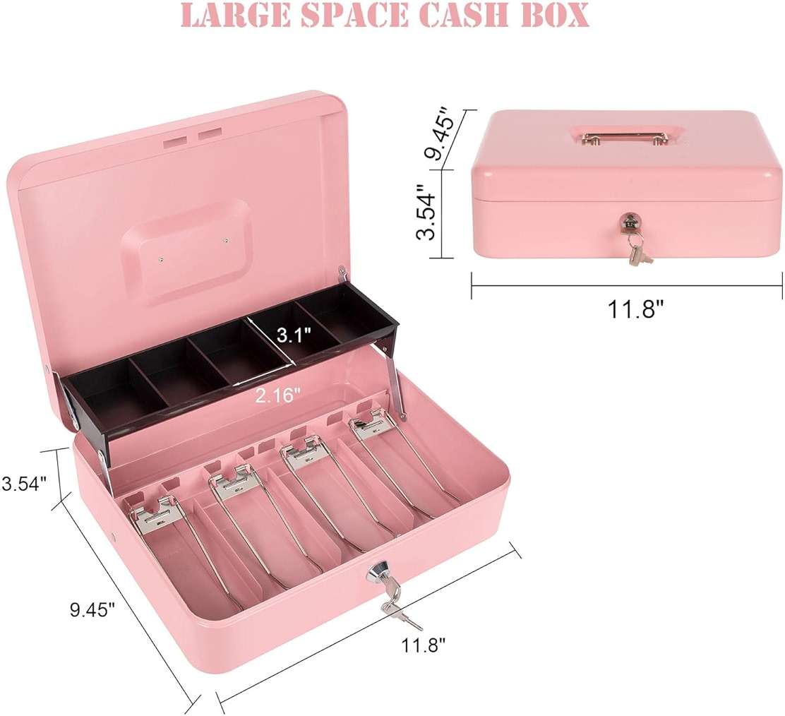Cash Box with Money Tray and Key Lock, Money Box with Safe Locking, Money Lock Box for Cash Register 11.8"x9.45"x3.54" Pink XL Large - Image 3