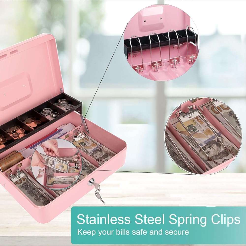 Cash Box with Money Tray and Key Lock, Money Box with Safe Locking, Money Lock Box for Cash Register 11.8"x9.45"x3.54" Pink XL Large - Image 4