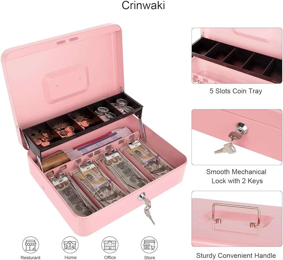Cash Box with Money Tray and Key Lock, Money Box with Safe Locking, Money Lock Box for Cash Register 11.8"x9.45"x3.54" Pink XL Large - Image 5