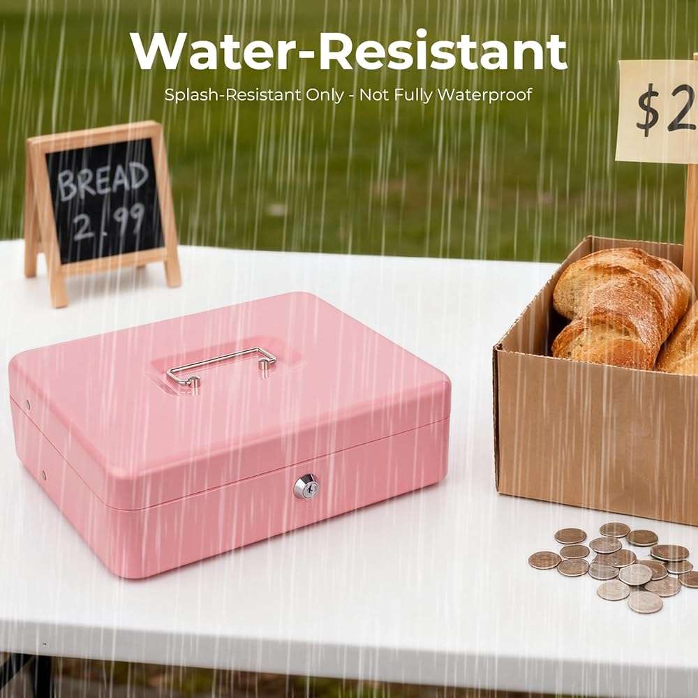 Cash Box with Money Tray and Key Lock, Money Box with Safe Locking, Money Lock Box for Cash Register 11.8"x9.45"x3.54" Pink XL Large - Image 7