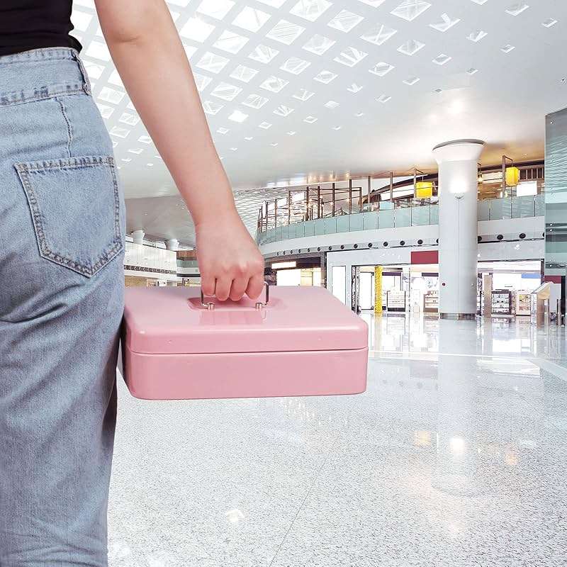 Cash Box with Money Tray and Key Lock, Money Box with Safe Locking, Money Lock Box for Cash Register 11.8"x9.45"x3.54" Pink XL Large - Image 9