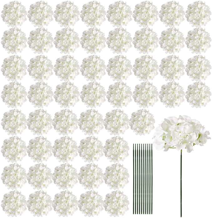 Auihiay 64 PCS Artificial Hydrangea Flowers, Silk Hydrangea Full Flowers Heads with Stems for Wedding Centerpieces, Home, Garden, Baby Shower, Party Decoration (Ivory) - Image 1
