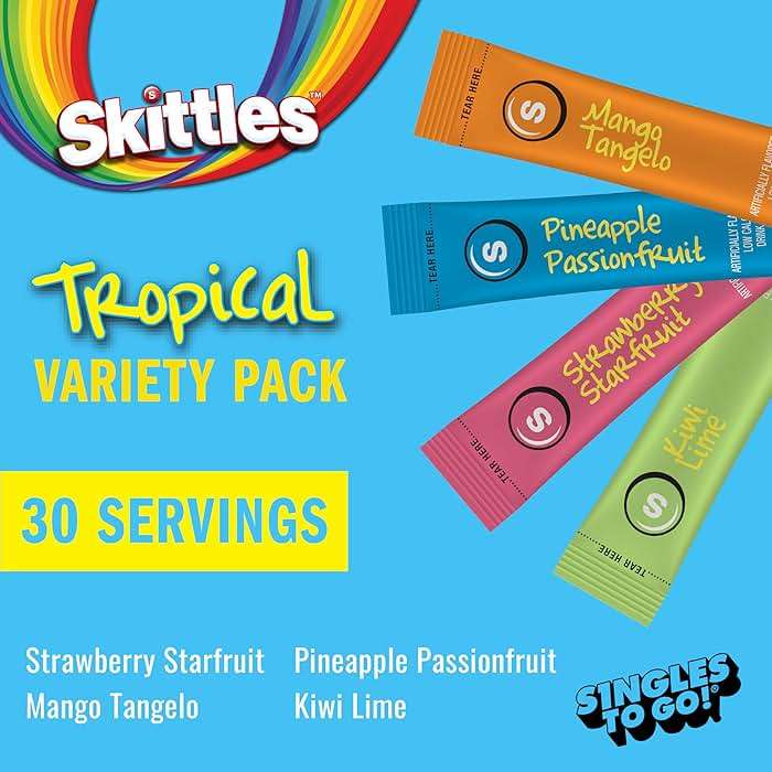 SINGLES TO GO! Skittles Singles To Go Tropical Flavors Variety Pack, Powdered Drink Mix, Strawberry Starfruit, Mango Tangelo, Kiwi Lime, Pineapple Passionfruit, 1 Box (30 Single Servings) - Image 2