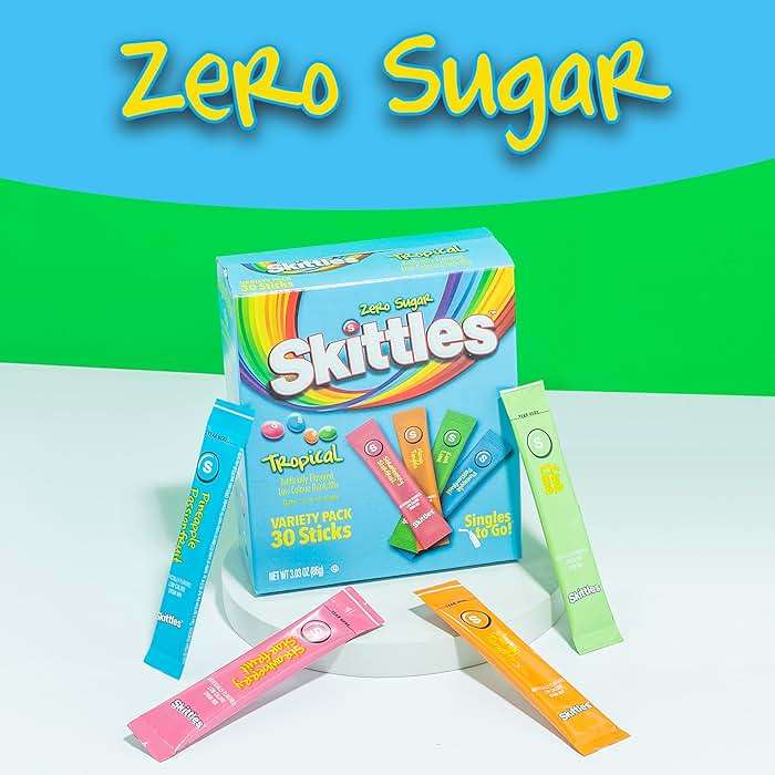 SINGLES TO GO! Skittles Singles To Go Tropical Flavors Variety Pack, Powdered Drink Mix, Strawberry Starfruit, Mango Tangelo, Kiwi Lime, Pineapple Passionfruit, 1 Box (30 Single Servings) - Image 4